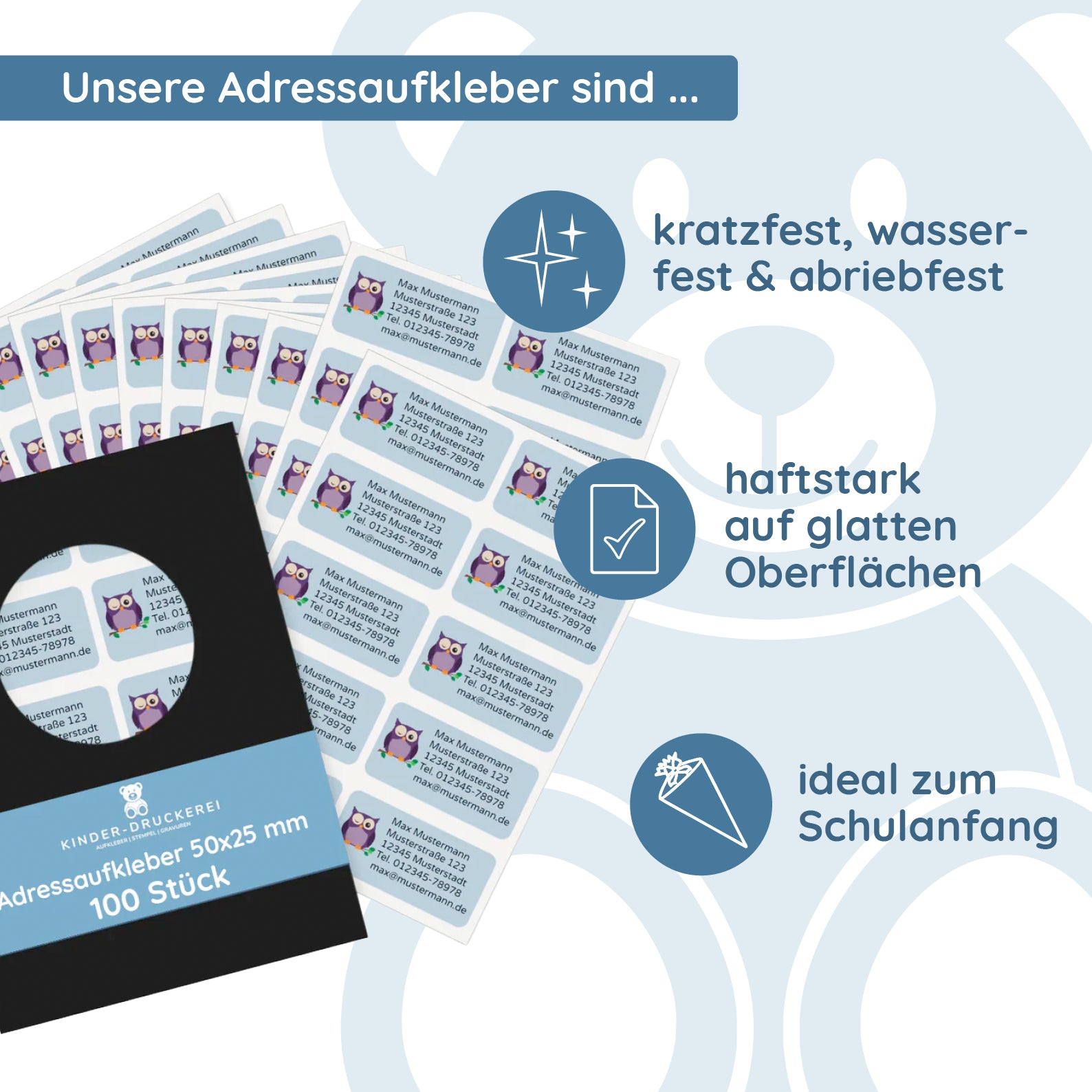 Personalisierte Adressaufkleber / Namensaufkleber für Schule, Kita & Co. (50x25 mm/100 Stück) - kinder-druckerei.de