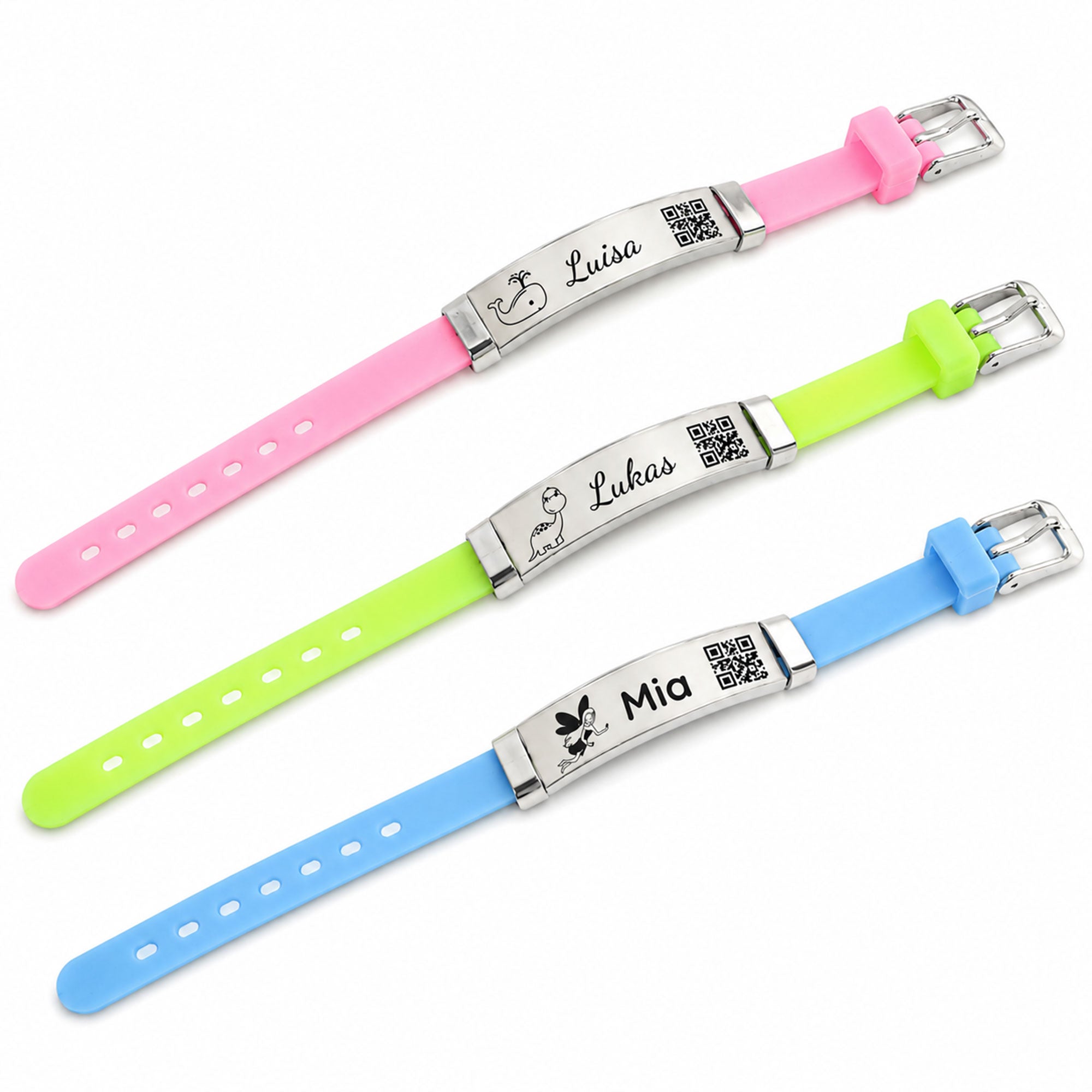 SOS Armband Kinder - Kinderarmband aus Silikon und Edelstahl mit Gravur in 3 Farben