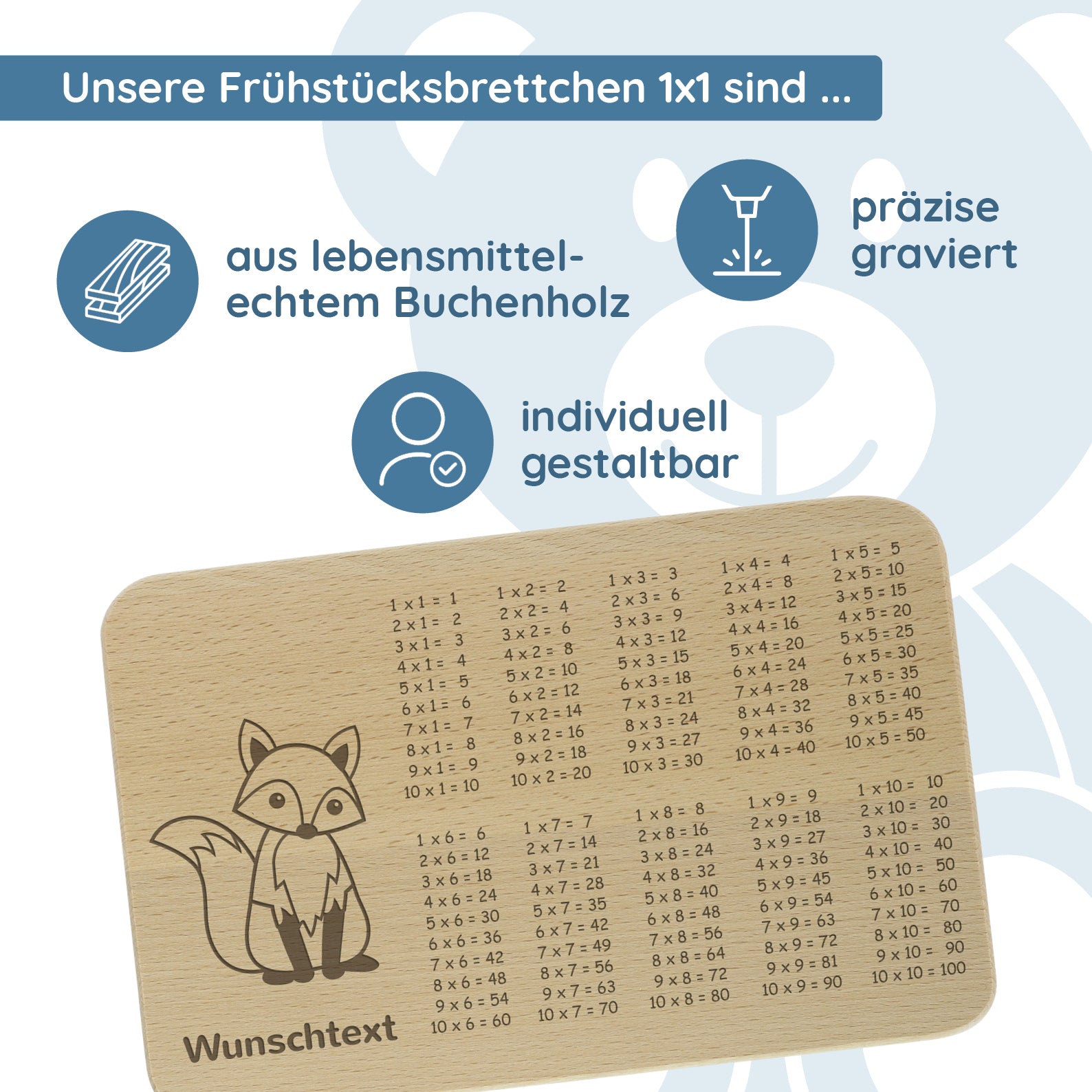 Frühstücksbrettchen 1x1 mit Kindermotiv & individueller Gravur - kinder-druckerei.de