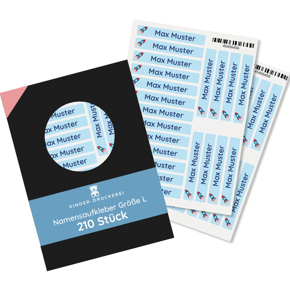 Namensaufkleber Größe L 60 × 9 mm für Kinder, 210er Set – kinder-druckerei.de