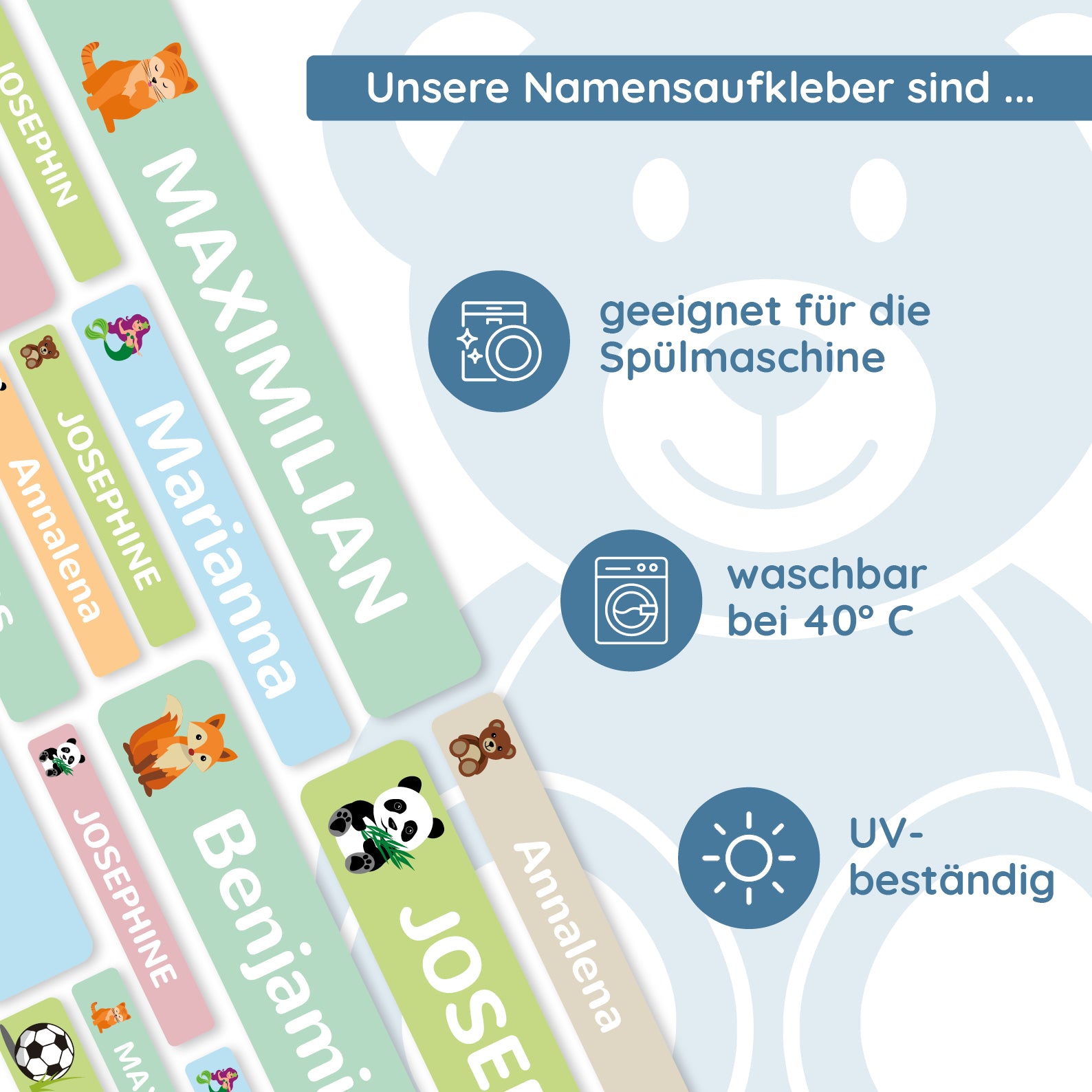 Namensaufkleber für Kinder (Set mit 260 Aufklebern in verschiedenen Größen) - kinder-druckerei.de