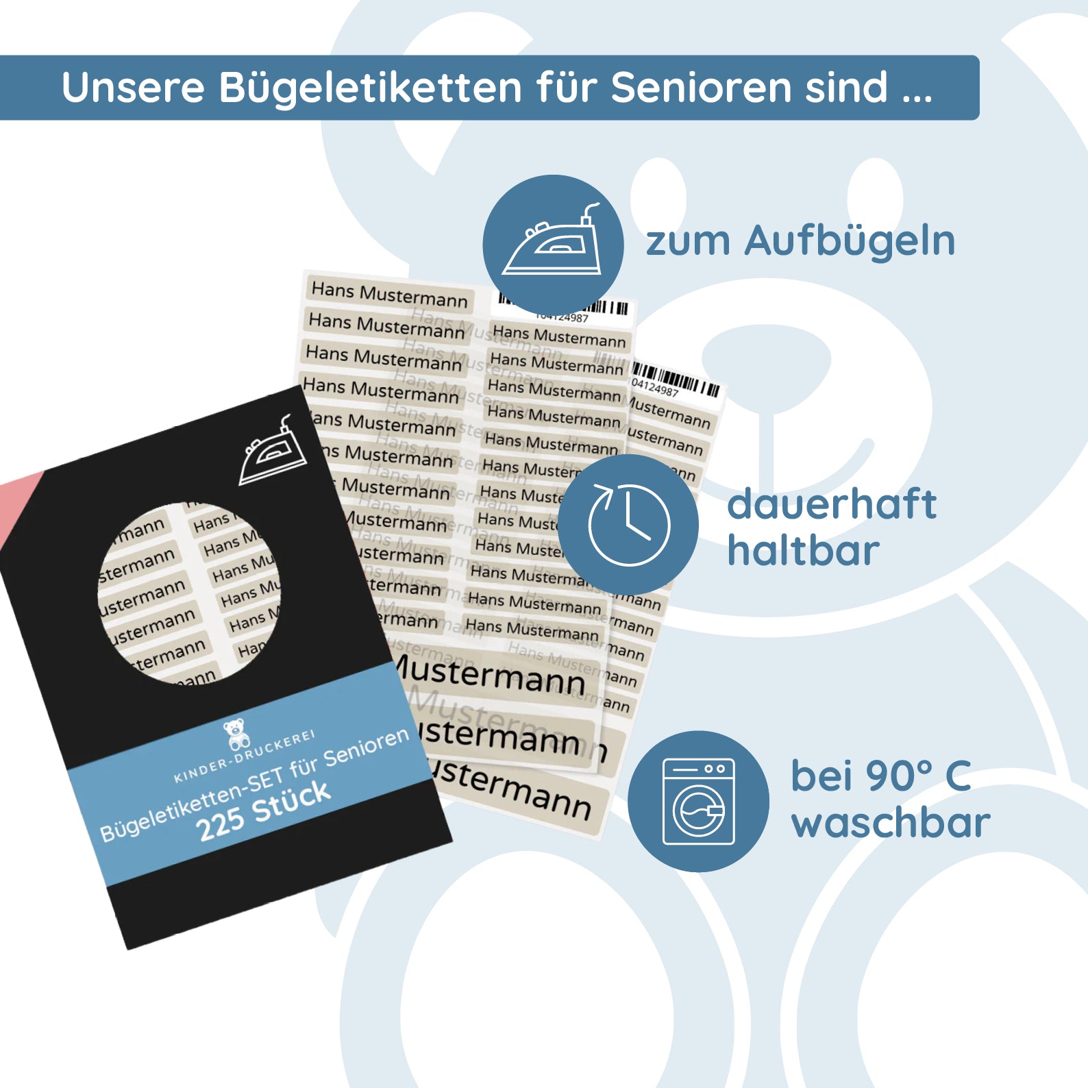 Bügeletiketten für Senioren verschiedene Größen (Set mit 225 Stück zum Aufbügeln) Altenheim Pflegeheim - kinder-druckerei.de