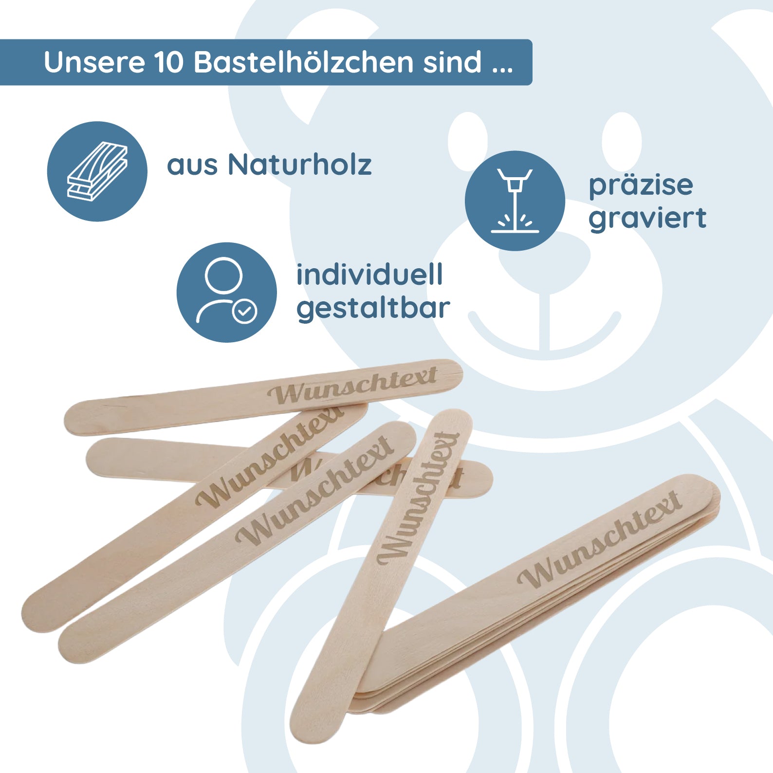 Eisstiele Holz, Pflanzenschilder, Bastelhölzchen mit individueller Gravur (10 Stück) - kinder-druckerei.de