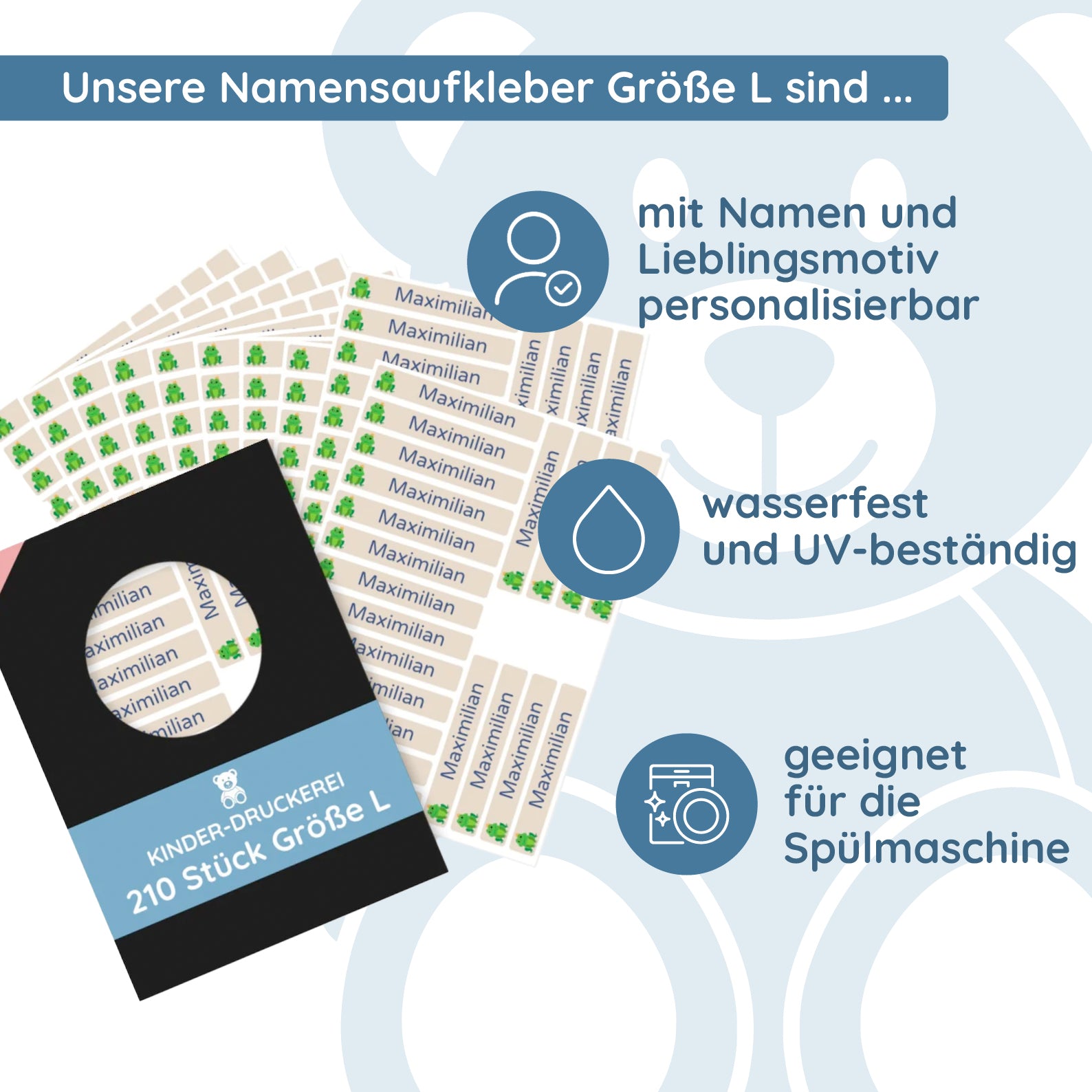 Personalisierte Namensaufkleber Größe L auf Trinkflasche und Brotdose