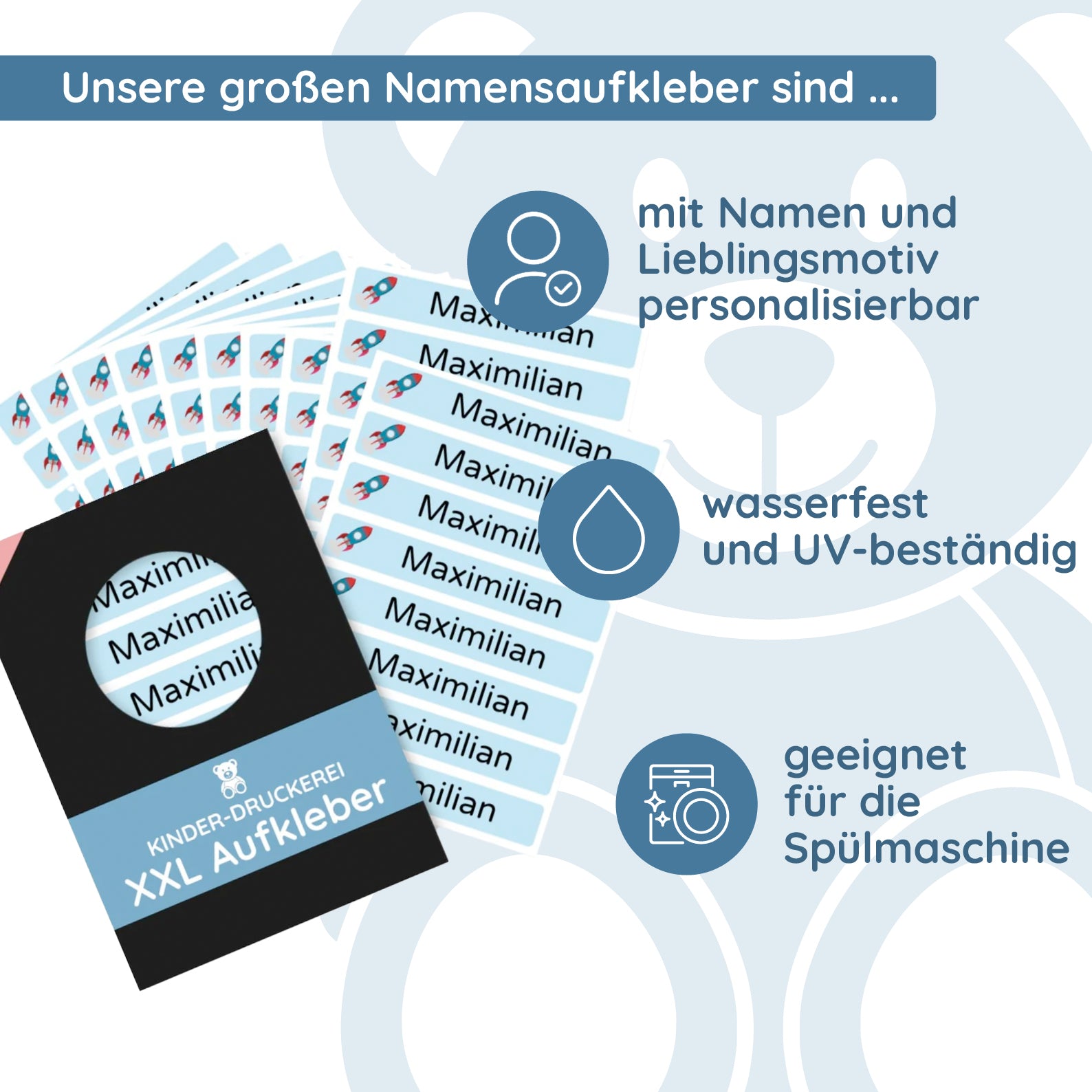 Große Namensaufkleber für Kinder Größe XL (80 Aufkleber 100x15 mm) - kinder-druckerei.de