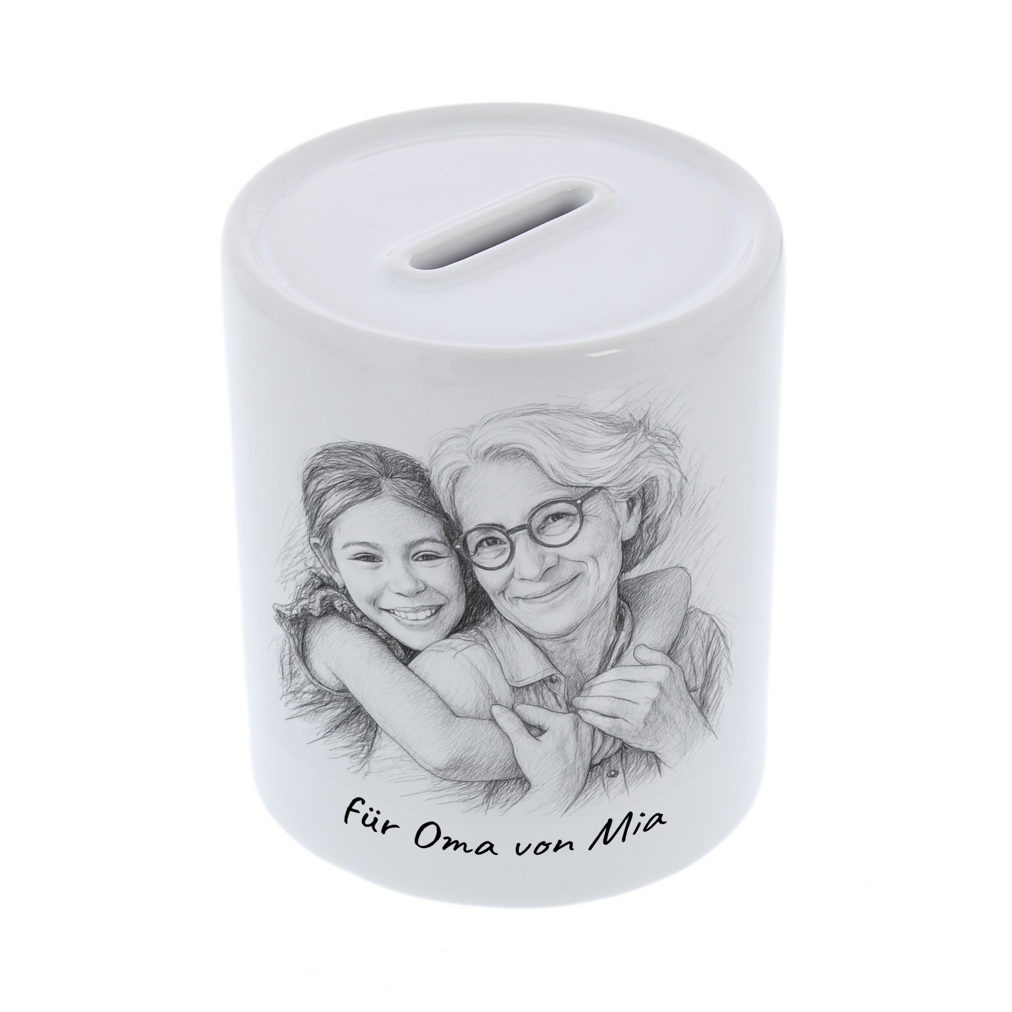 Spardose mit Bleistiftzeichnung und Text - kinder-druckerei.de