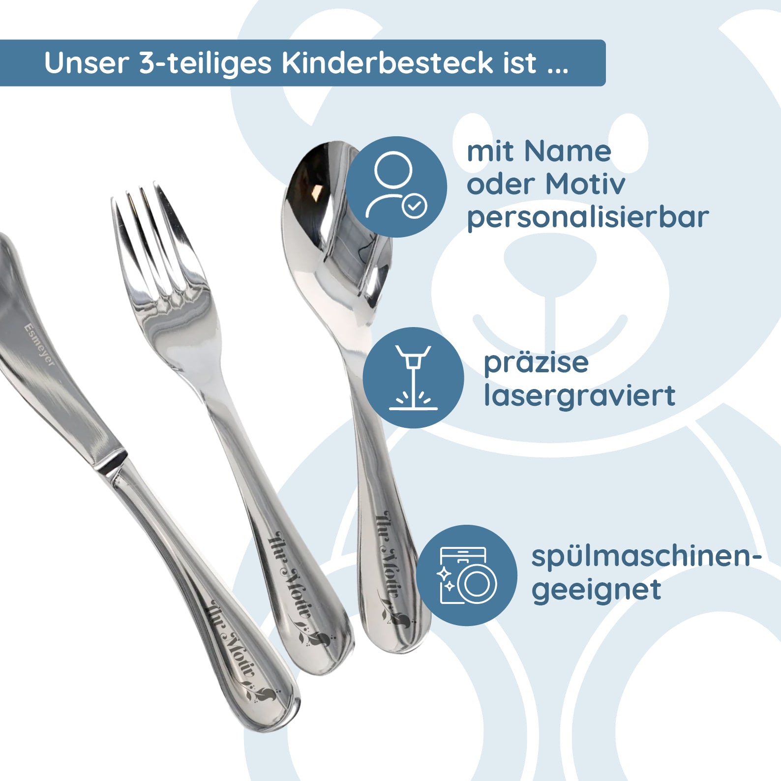 Kinderbesteck 3-teilig mit individueller Gravur - kinder-druckerei.de