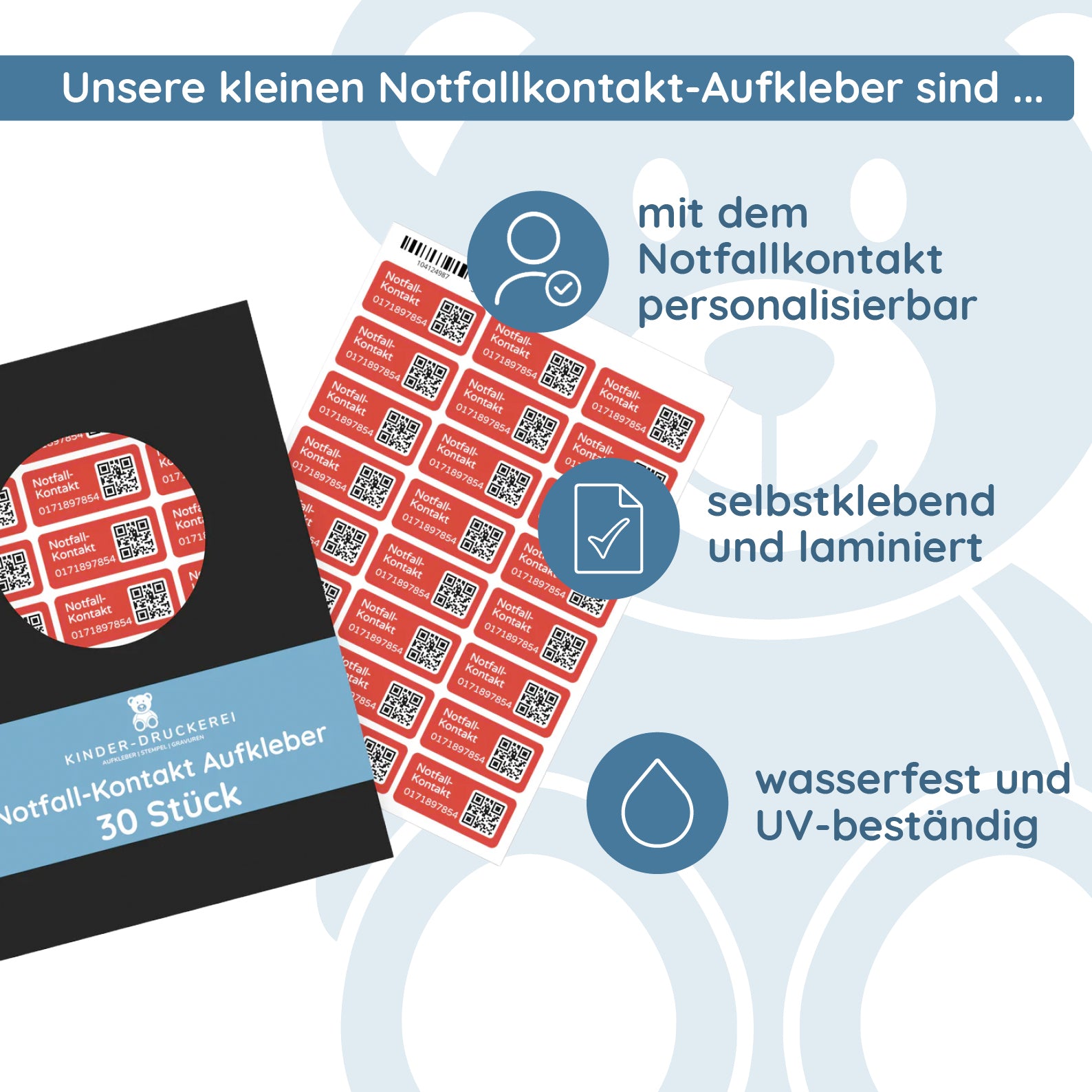 Notfallkontakt-Aufkleber mit Telefonnummer & QR-Code, stark haftend, 30x13mm - kinder-druckerei.de