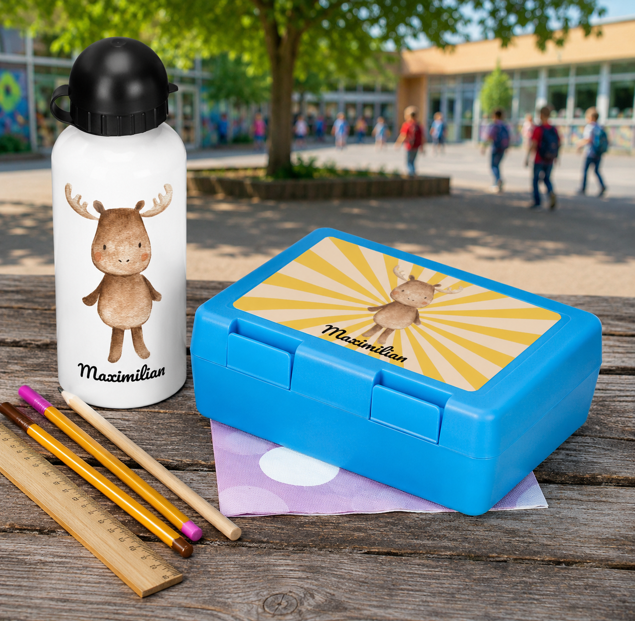 Brotdose & Aluminium Trinkflasche mit Kindermotiv und individuellem Druck