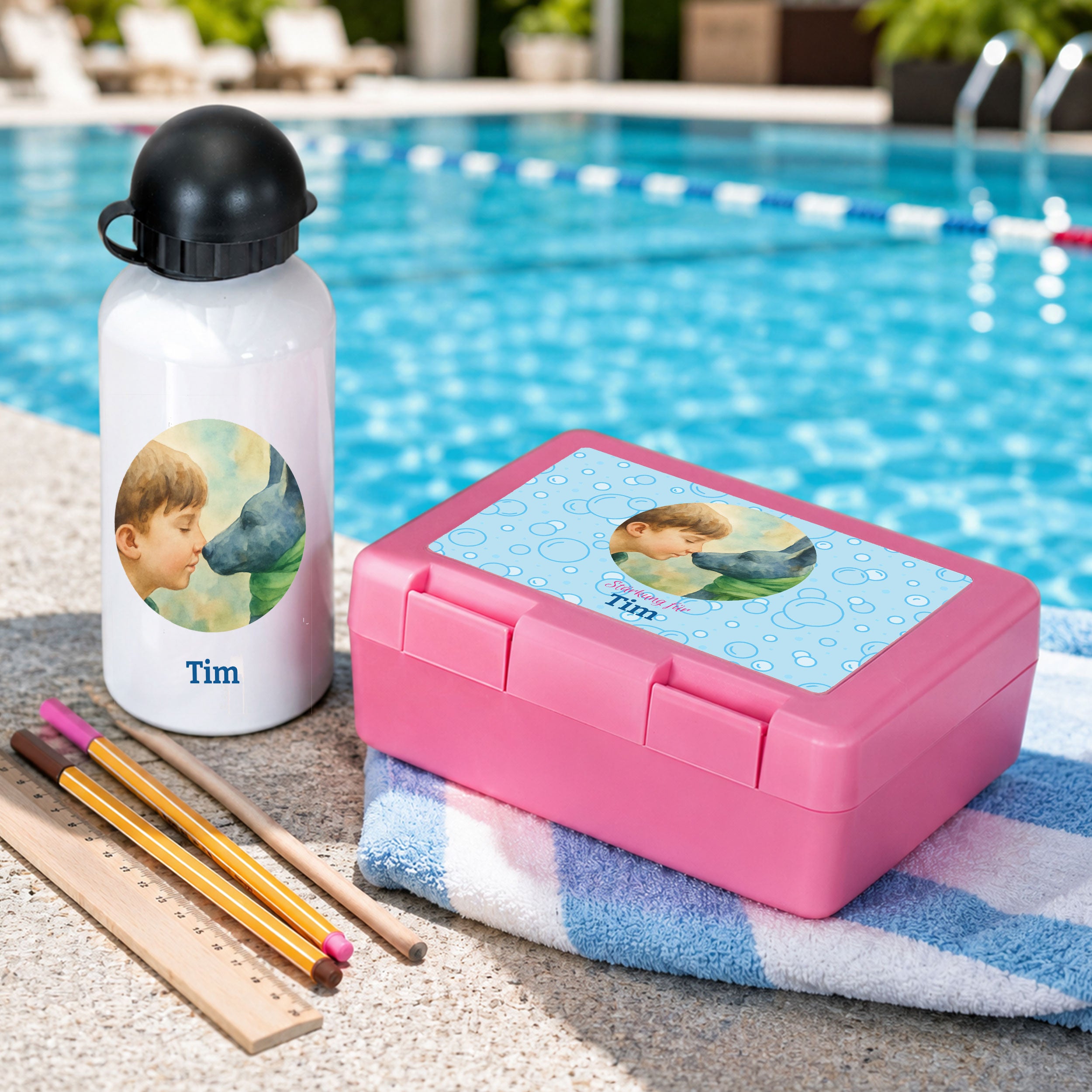 Brotdose & Aluminium Trinkflasche mit Kindermotiv und individuellem Druck