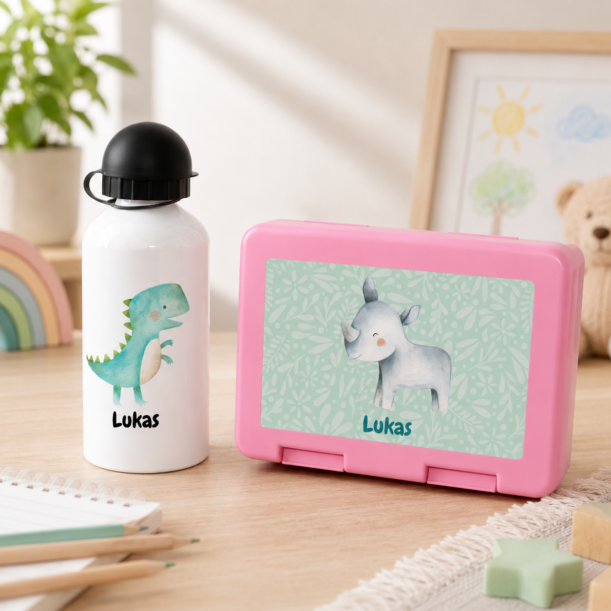 Brotdose & Aluminium Trinkflasche mit Kindermotiv und individuellem Druck