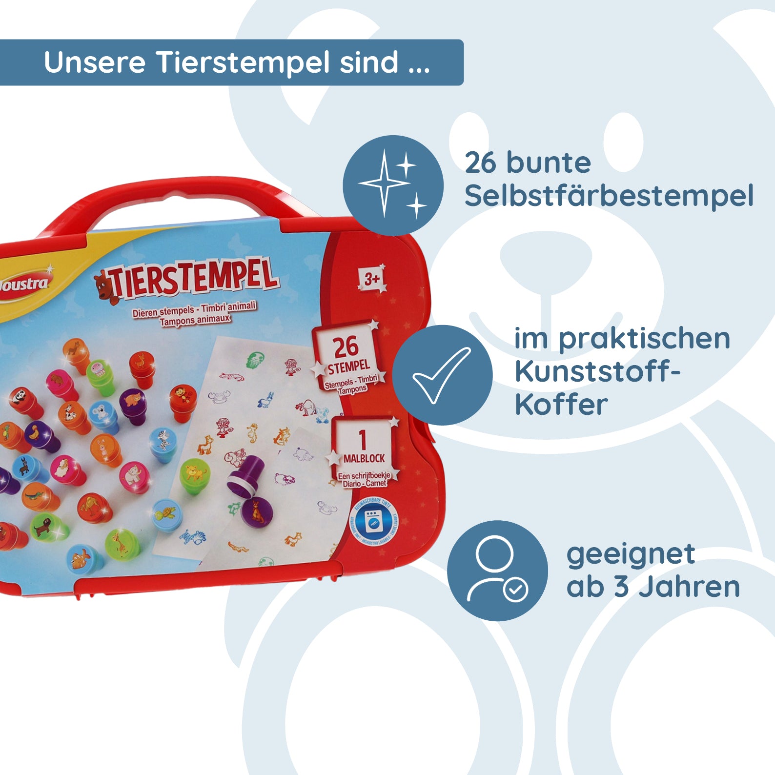 Selbstfärbende Tierstempel im Koffer - kinder-druckerei.de