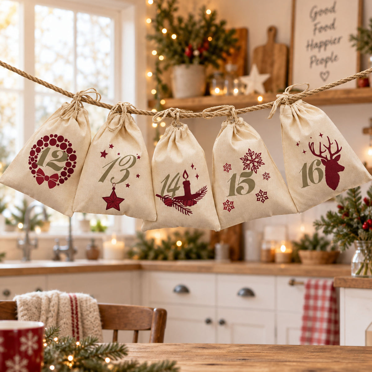 Calendrier de l'Avent avec 24 sachets à remplir et personnaliser (avec cordelette)