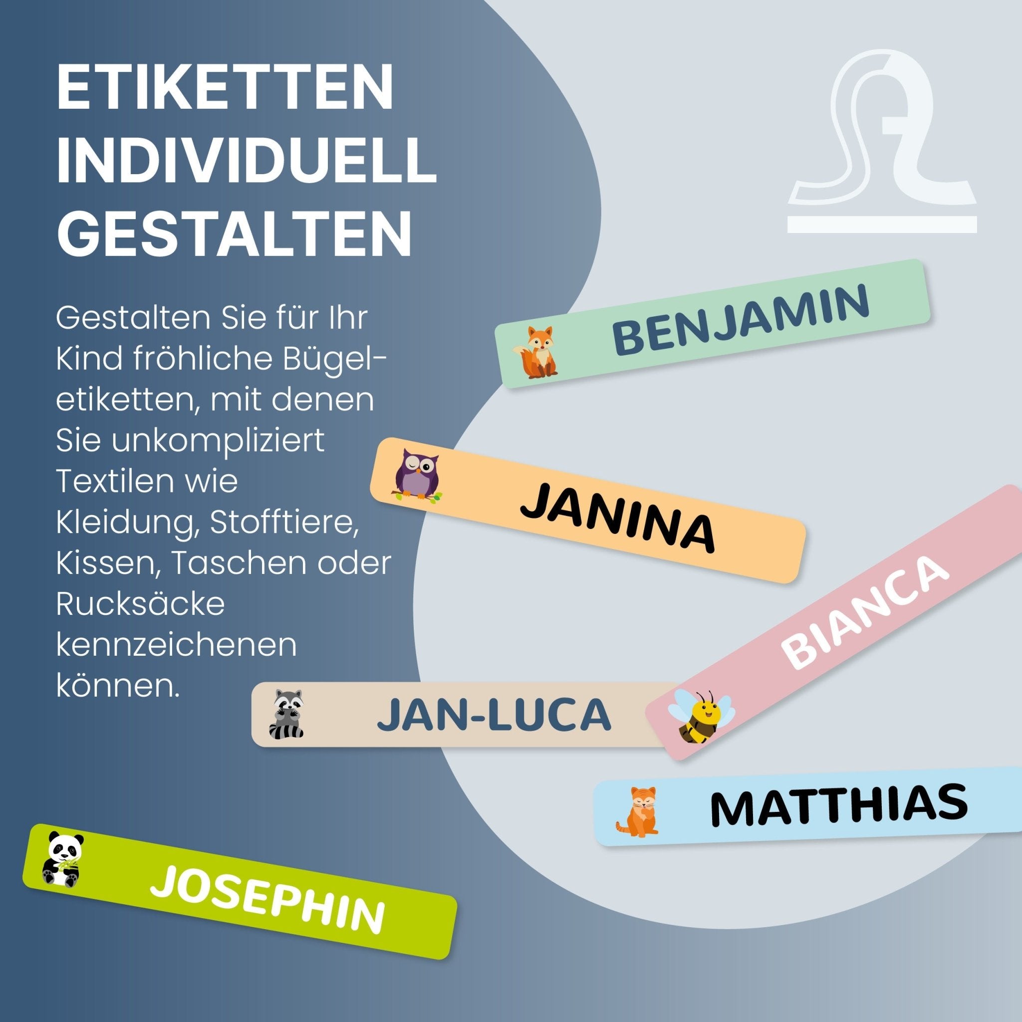 Bügeletiketten mit Namen (30x13 mm 225 Stück zum Aufbügeln) - kinder-druckerei.de