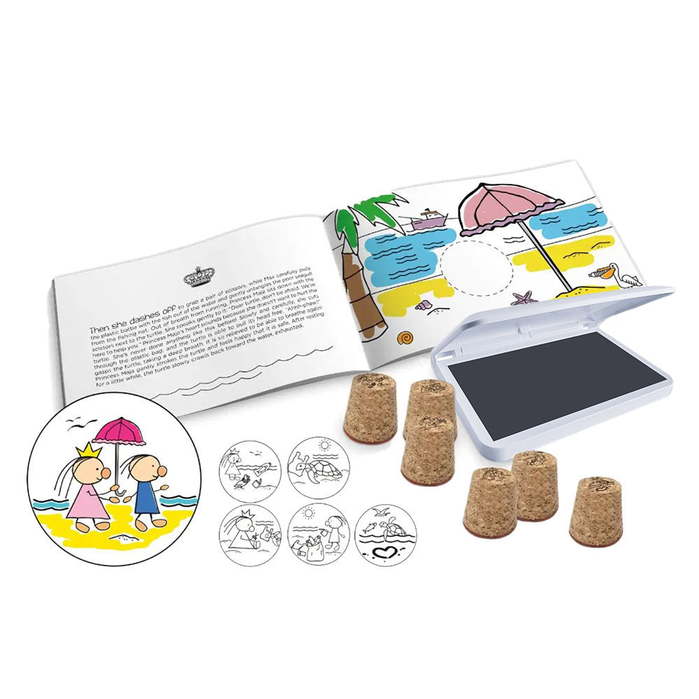 Colop Stempel Set - Stamp Stories (6 Korkstempel + Stempelkissen + Stempelheft) - kinder-druckerei.de